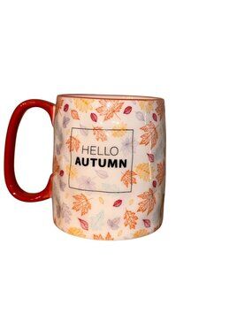 Hello Autumn Ceramic Mug With Red Handle & Fall Leaf Pattern 10 Strawberry Stree